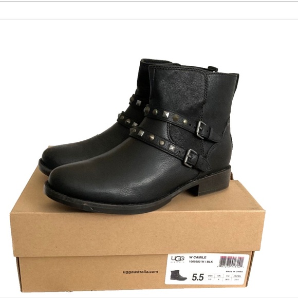 UGG Shoes - UGG CAMILE ANKLE Moto Biker Black Leather Boots Size 5.5 New